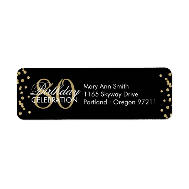 Gold Black 80th Birthday Glitter Confetti Label (Front)