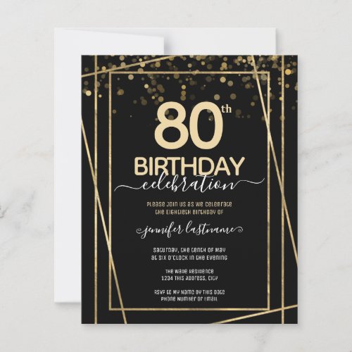 Gold Black 80th Birthday Party Budget Invitation