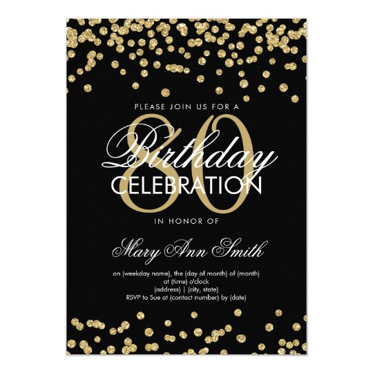Gold Black 80th Birthday Party Glitter Confetti Invitation