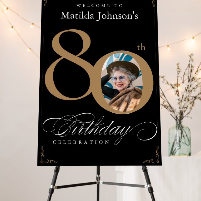 Gold Black 80th Birthday Party Welcome Sign Board (In Situ (Stand))