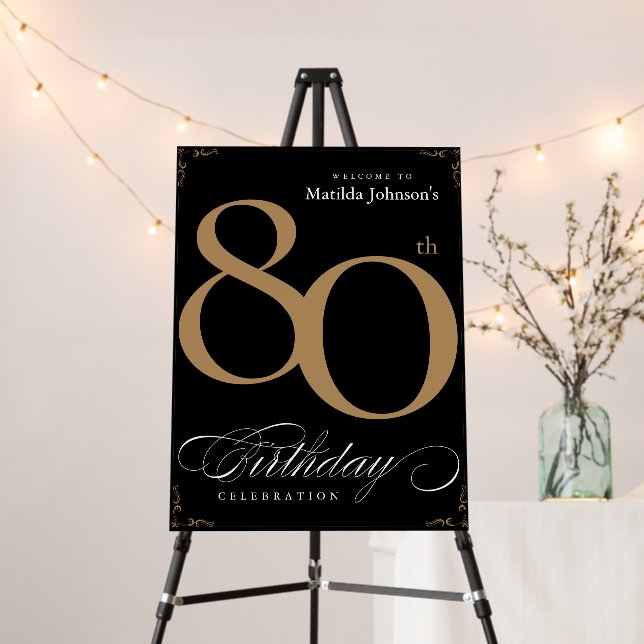 Gold Black 80th Birthday Party Welcome Sign Board (In Situ (Stand))