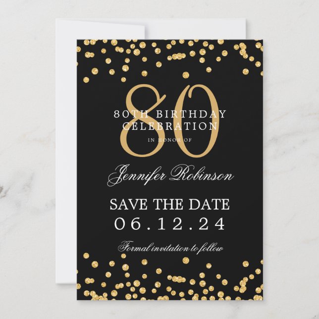 Gold Black 80th Birthday Save the Date Confetti Invitation (Front)