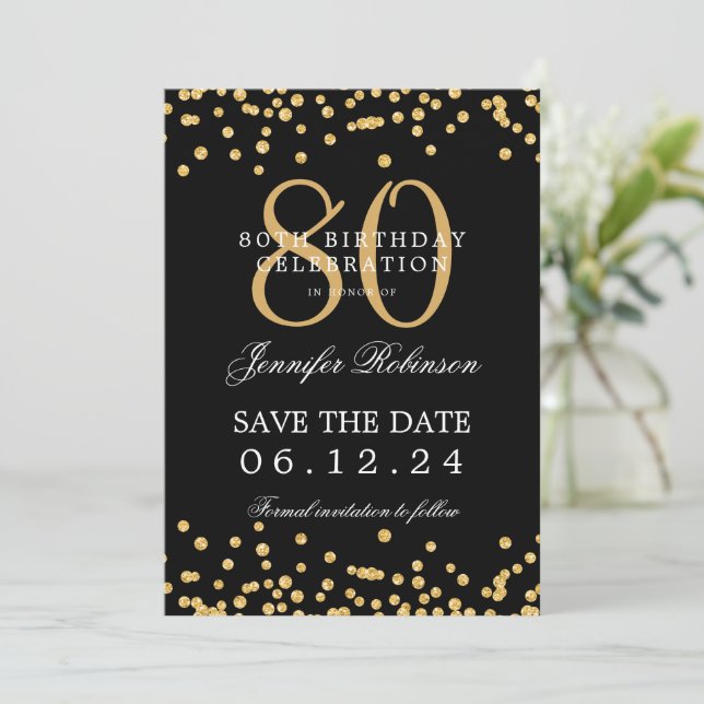 Gold Black 80th Birthday Save the Date & Details Invitation (Standing Front)