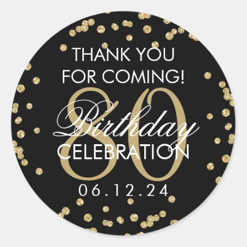 Gold Black 80th Birthday Thank You Glitter Classic Round Sticker