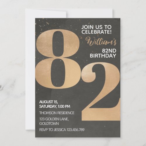Gold Black 82nd Birthday Invitation