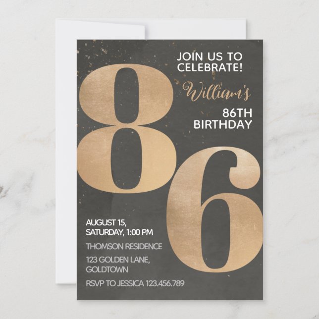 Gold Black 86th Birthday Invitation (Front)