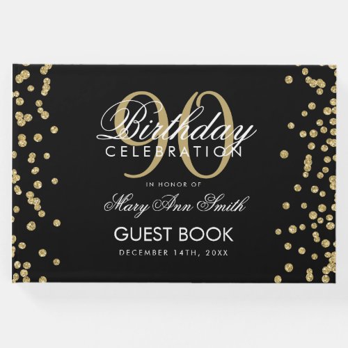 Gold Black 90th Birthday Glitter Confetti Guest Book