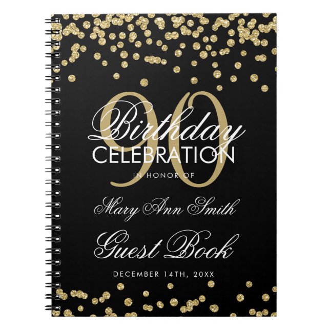 Gold Black 90th Birthday Guest Book Confetti (Front)