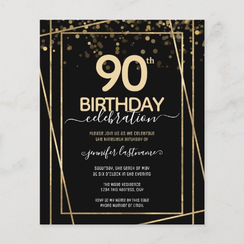 Gold Black 90th Birthday Party Budget Invitation