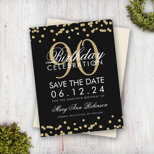 Gold Black 90th Birthday Save Date Confetti Invita Postcard