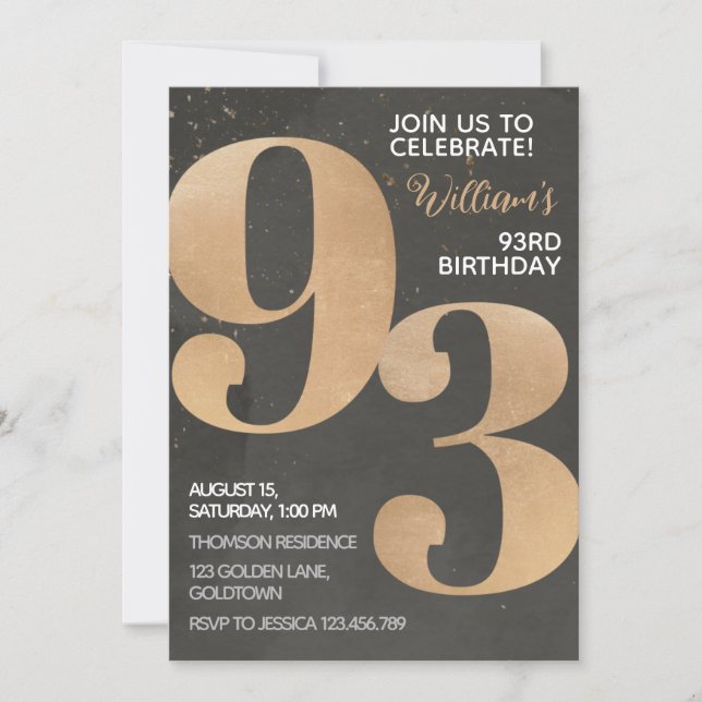 Gold Black 93rd Birthday Invitation (Front)