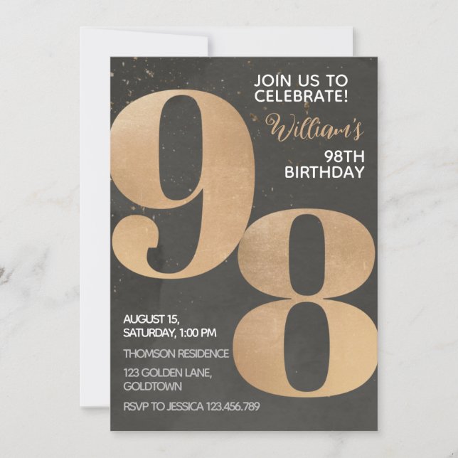 Gold Black 98th Birthday Invitation (Front)
