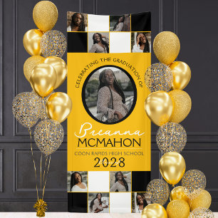 Gold & Black 9 Photo Collage Graduation Vinyl Banner