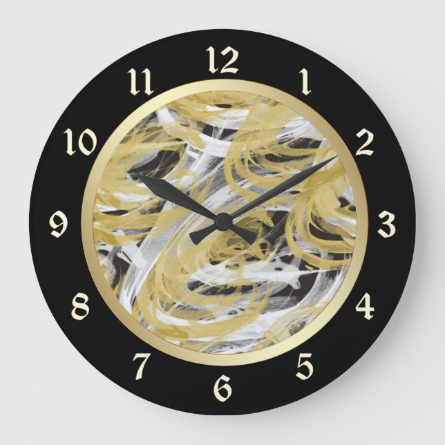Gold Black Abstract Swirl Large Clock (Front)