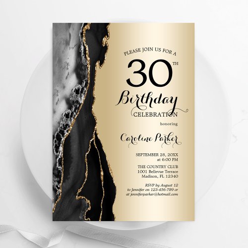 Gold Black Agate 30th Birthday Invitation