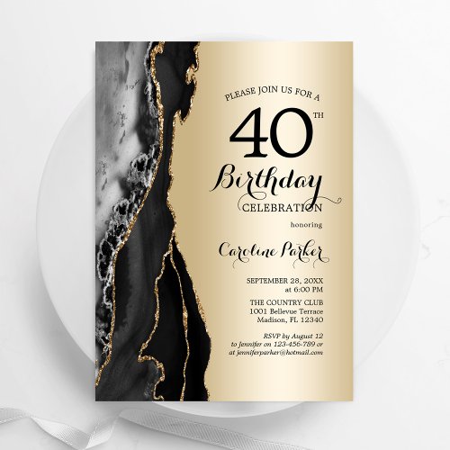 Gold Black Agate 40th Birthday Invitation