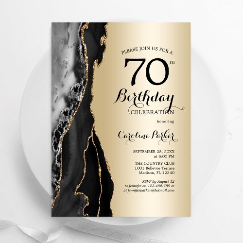 Gold Black Agate 70th Birthday Invitation