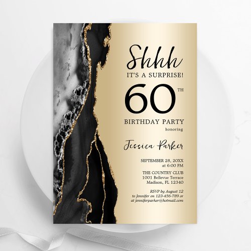 Gold Black Agate Surprise 60th Birthday Invitation