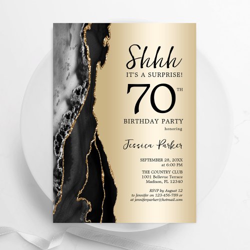 Gold Black Agate Surprise 70th Birthday Invitation