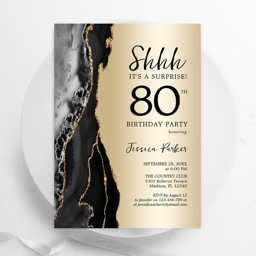 Gold Black Agate Surprise 80th Birthday Invitation