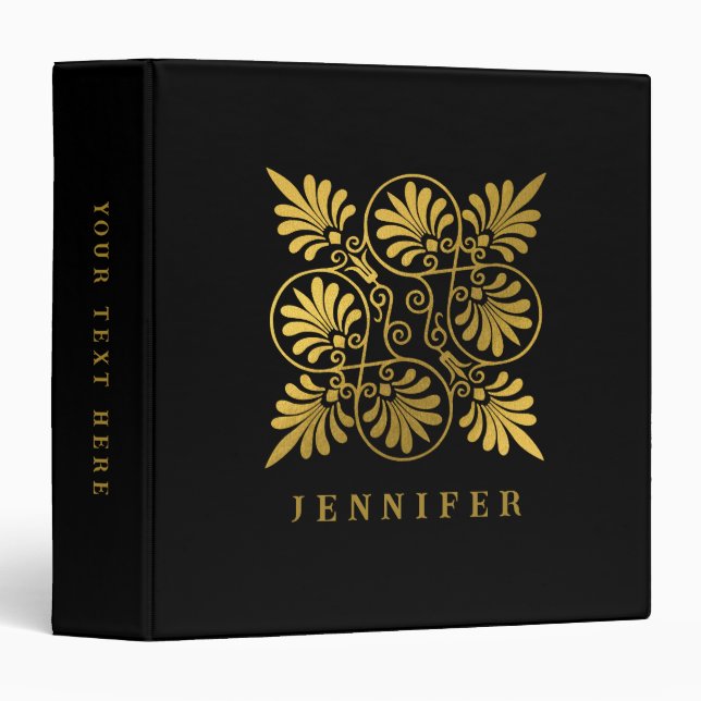 Gold Black Ancient Greek Meander Monogram 3 Ring Binder (Front/Spine)
