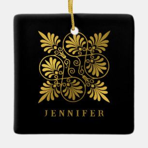 Gold Black Ancient Greek Meander Monogram Ceramic Ornament