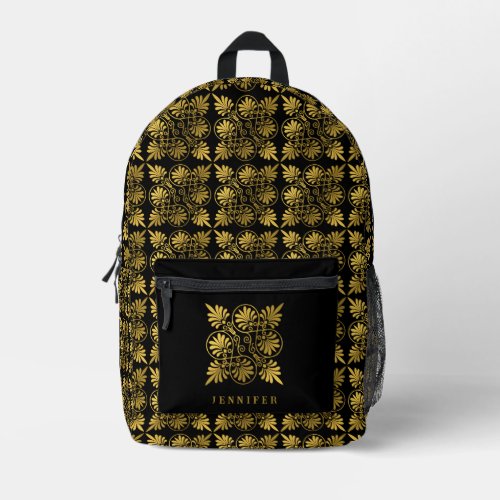 Gold Black Ancient Greek Meander Monogram Printed Backpack