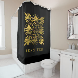Gold Black Ancient Greek Meander Monogram Shower Curtain