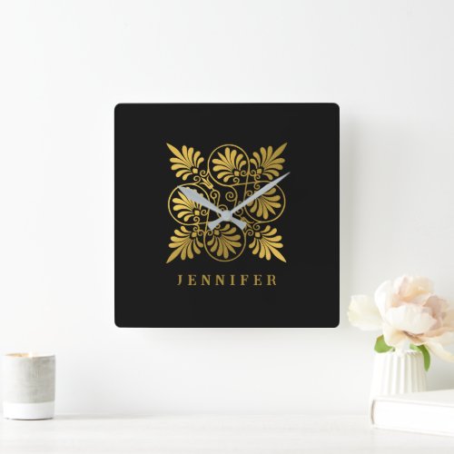 Gold Black Ancient Greek Meander Monogram Square Wall Clock