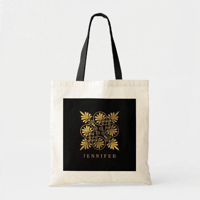 Gold Black Ancient Greek Meander Monogram Tote Bag (Front)