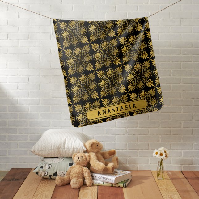Gold Black Ancient Greek Meander Pattern Baby Blanket (In Situ)