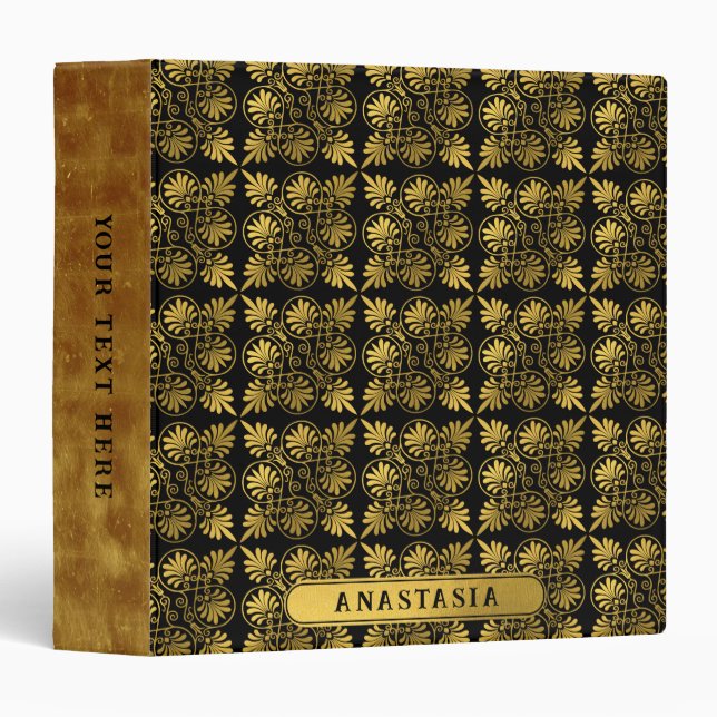 Gold Black Ancient Greek Meander Pattern Name 3 Ring Binder (Front/Spine)
