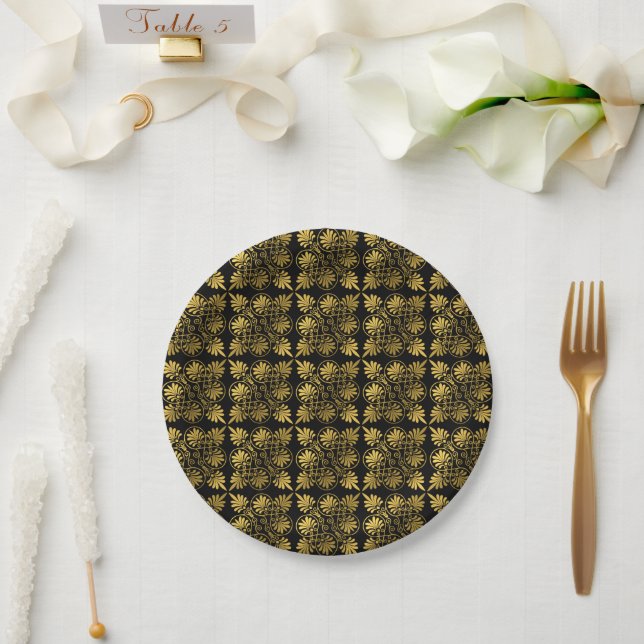 Gold Black Ancient Greek Meander Pattern Paper Plates (Wedding)