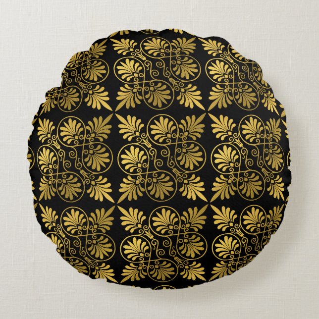 Gold Black Ancient Greek Meander Pattern Round Pillow (Front)