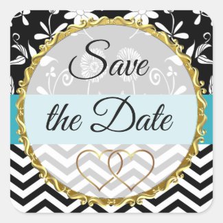 Gold, Black and Blue Floral Save the Date Stickers