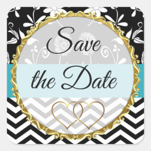 Gold, Black and Blue Floral Save the Date Stickers