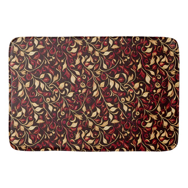 Gold, Black and Burgundy Festive Foliage Bath Mat (Front)