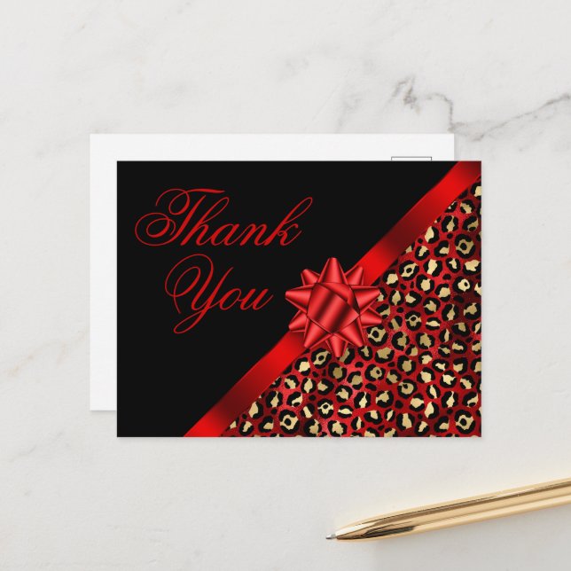 Gold Black and Red Leopard Foil Ribbon Bow Gift Postcard (Front/Back In Situ)