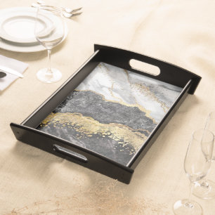 Gold Black And White Abstract  Serving Tray