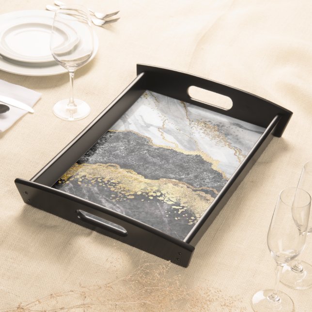 Gold Black And White Abstract  Serving Tray (Front)