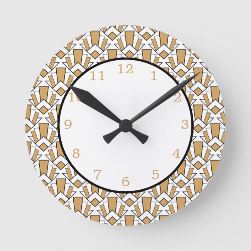 Gold Black and White Art Deco Fan Flowers Pattern Round Clock