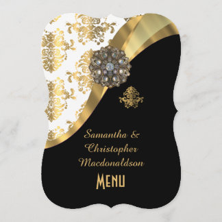 Gold, black and white damask wedding menu
