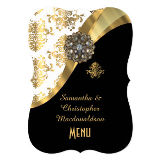 Gold, black and white damask wedding menu card