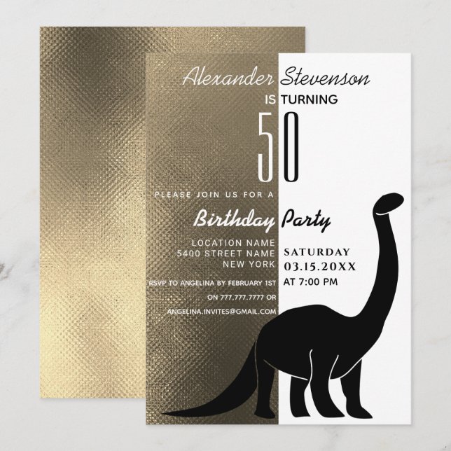 Gold Black and White Dinosaur 50th Birthday Party Invitation (Front/Back)