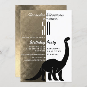 Gold Black and White Dinosaur 50th Birthday Party Invitation