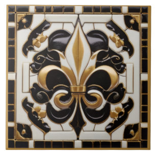 Gold Black and White Fleur de Lis Faux Relief Ceramic Tile