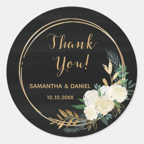 Gold Black and White Floral Watercolor Thank You Classic Round Sticker