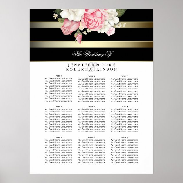 Gold Black And White Floral Wedding Seating Chart