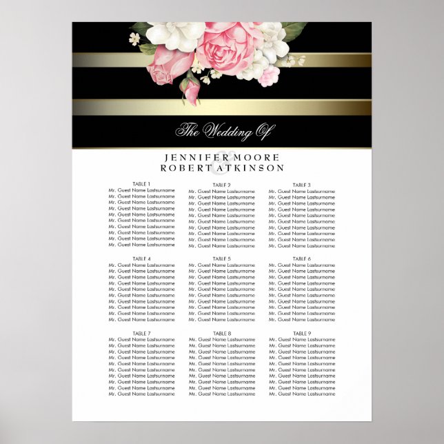 Gold Black and White Floral Wedding Seating Chart (Front)