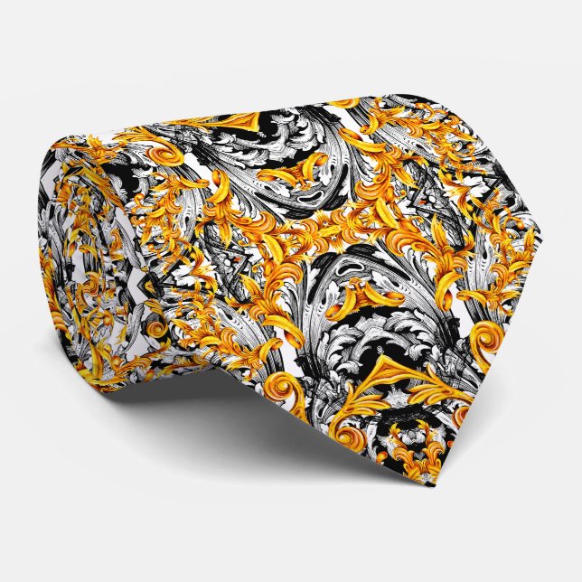 GOLD BLACK AND WHITE ITALIAN BAROQUE PRINT MEN'S NECK TIE (Rolled)